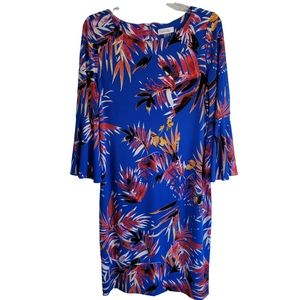 Calvin Klein Cobalt Blue Bell Sleeve Tropical Print Dress Size 10